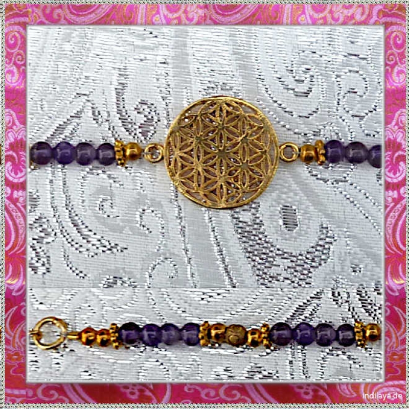 Preview: Zierliches Blume des Lebens Armband mit Amethyst und Messing