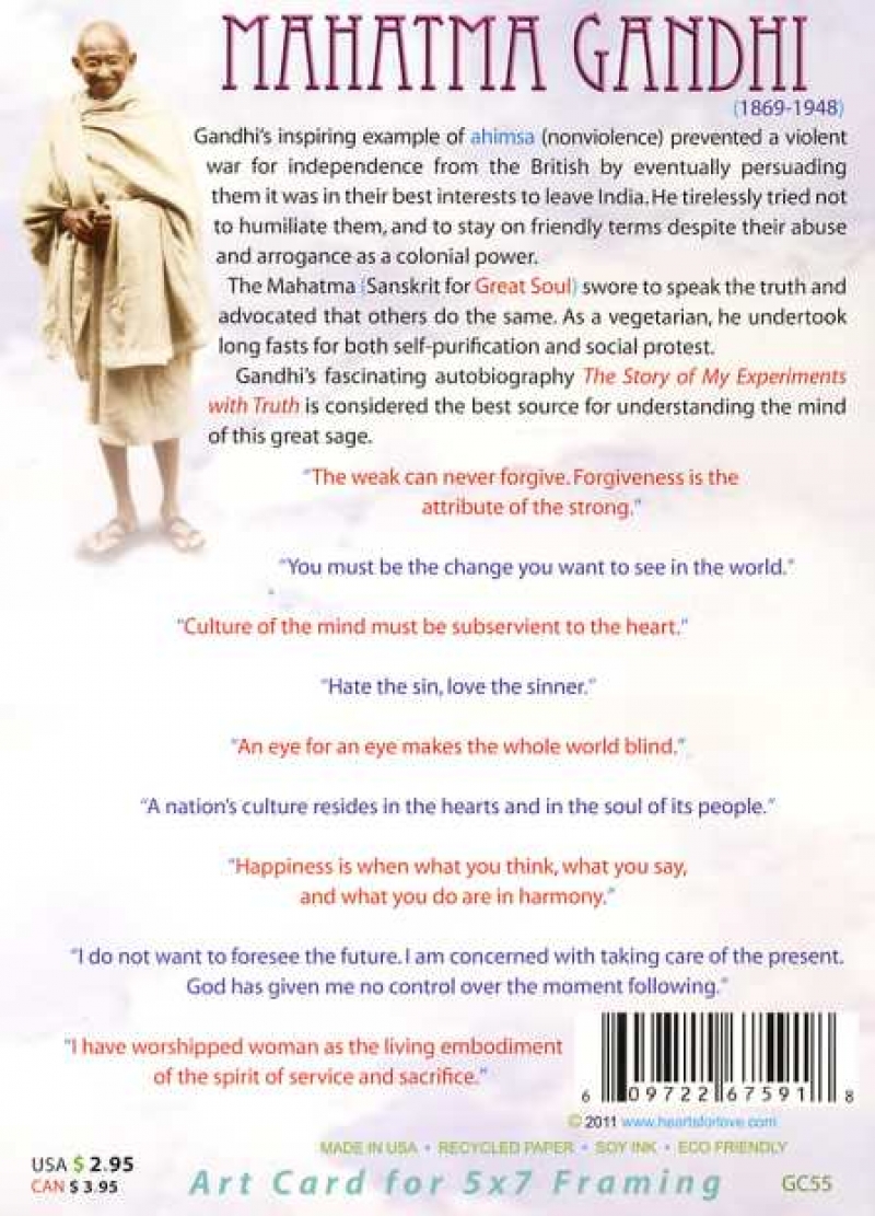 Spirituelle Briefkarte Mahatma Gandhi  Rückseite