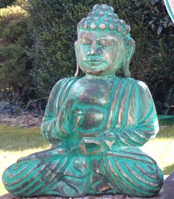 Große Buddha Figur, sitzend mit Schale, goldfarben