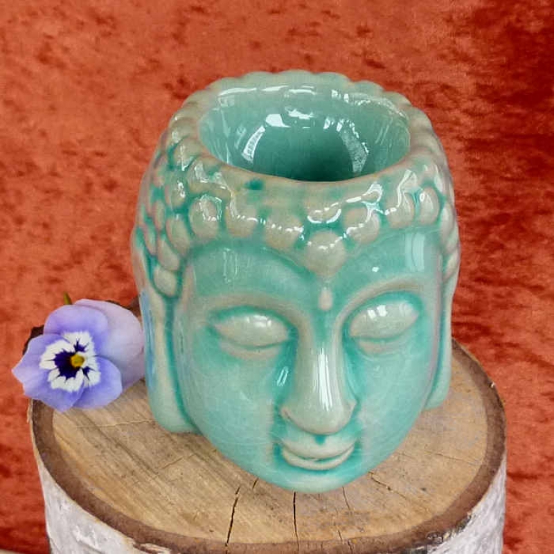 Niedliche Buddhakopf Duftlampe aus Keramik, türkisfarben Vorderseite