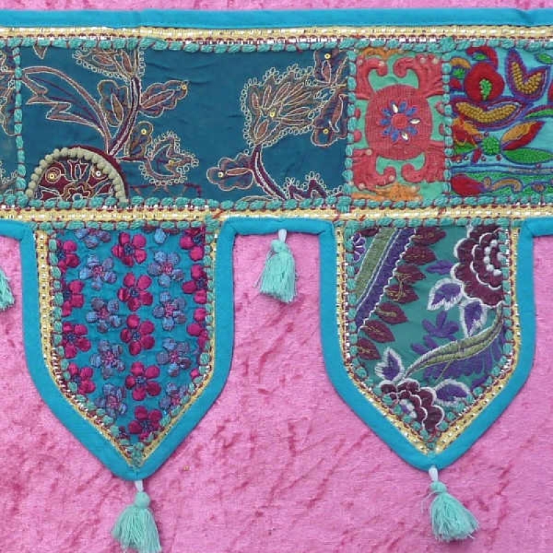 Preview: Thoran Türbehang türkis-blau mit Pailetten und bunten Stickereien