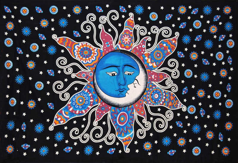 Wandbehang Sonne, Mond & Sterne, indisches Dekotuch schwarz-bunt