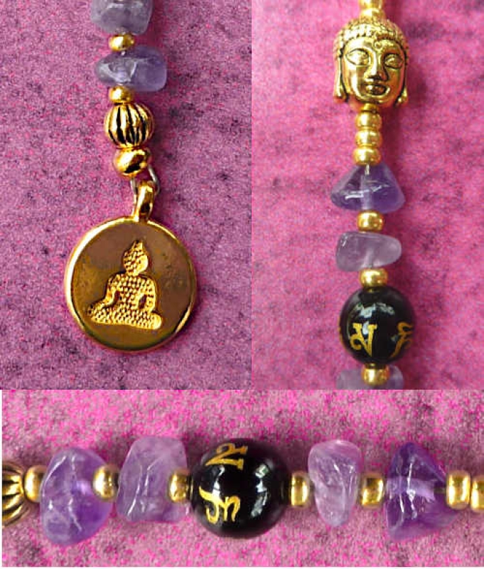Spirituelles Buddha-Lesezeichen gold mit Amethyst und Mantra-Perle - Handarbeit