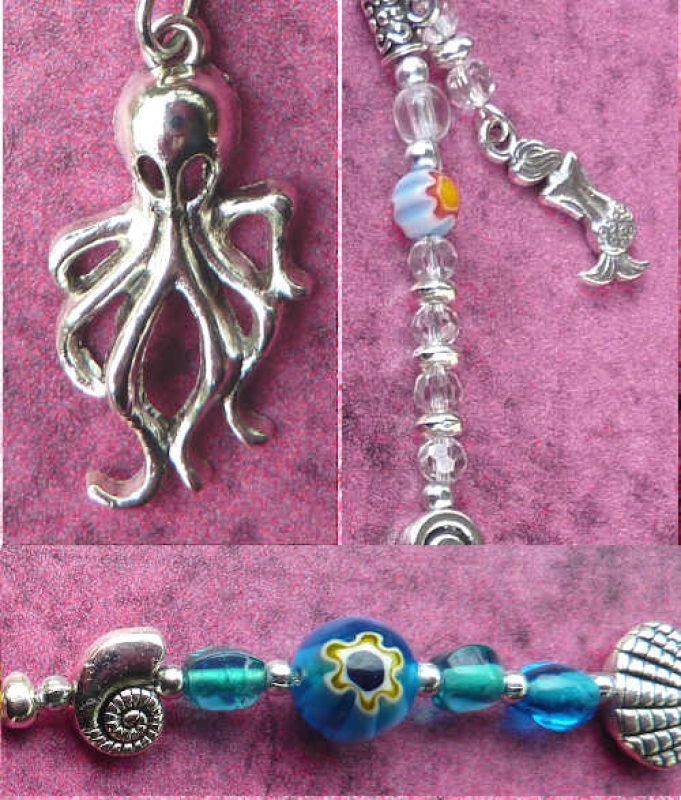 Oktopus Lesezeichen silber grün blau mit Meerjungfrau