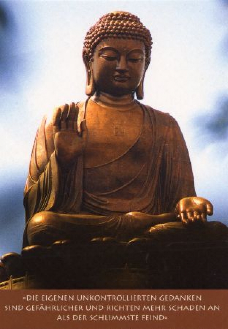 Postkarte Buddhas  mit Zitat Die eigenen unkontrollierten Gedanken