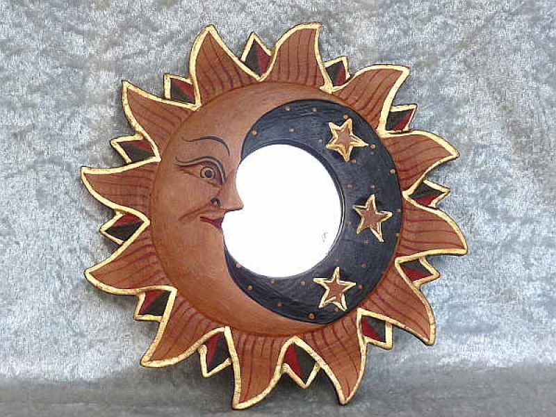 Spiegel Sonne Mond und Sterne, handbemalt, Holz  21cm