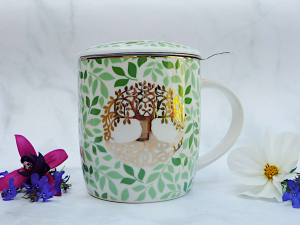 Baum des Lebens Teetasse mit Deckel und Teefilter weiss-gold