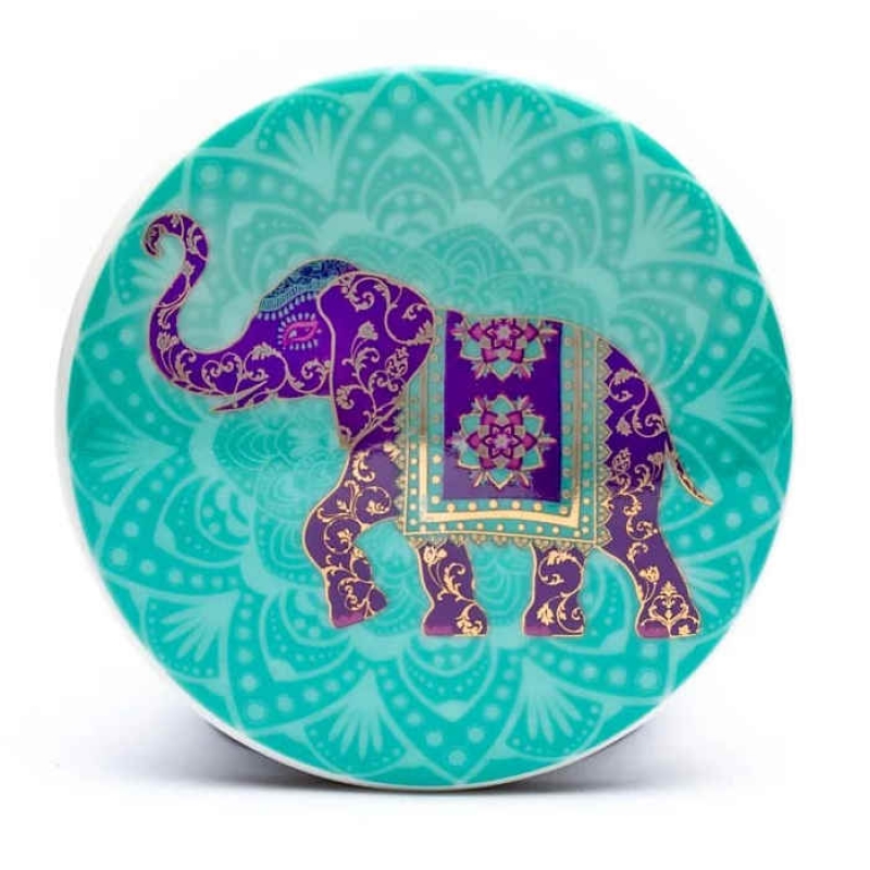 Teetasse mit blau-goldenem Elefanten   auf türkisem Mandala-Hintergrund