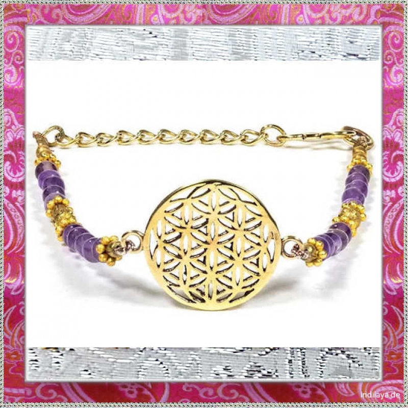 Zierliches Blume des Lebens Armband mit Amethyst und Messing