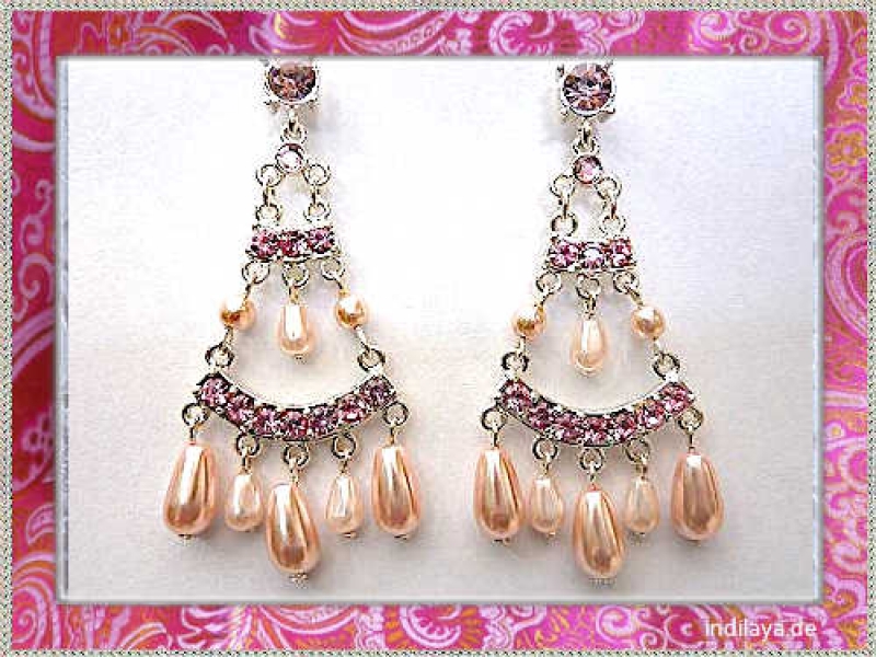 Bollywood Ohrstecker rosa mit Strass und Steinchen