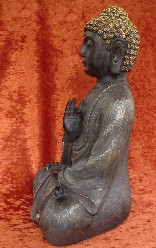 Große Buddhastatue grau-gold 40cm seitlich