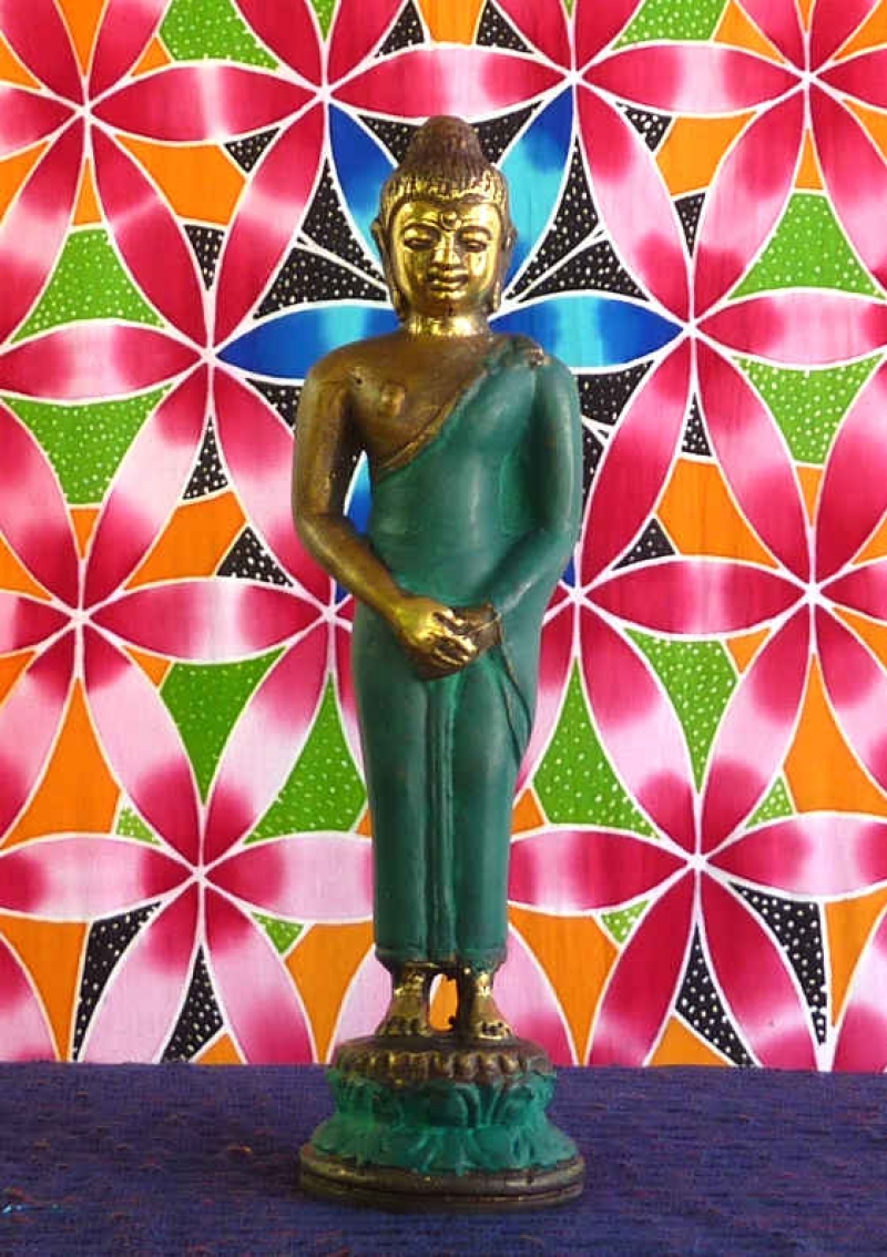 Buddha Buddhafigur Messing stehend, gold-türkis