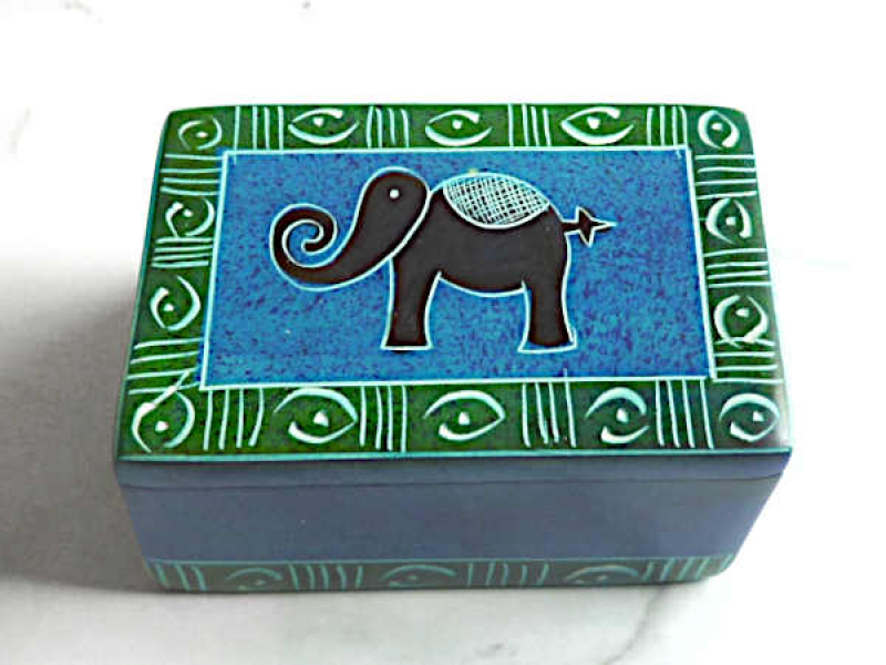 Speckstein Dose Elefant mit Deckel, blau-grün