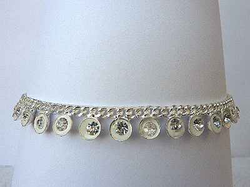 Indisches  Fusskettchen weiss-silber mit vielen Strass-Steinchen