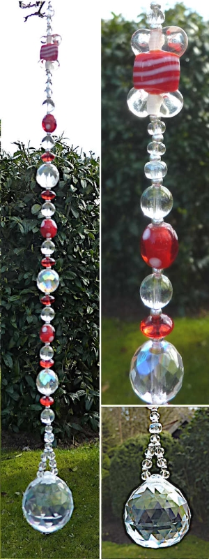 Polka Dot Rot Weiss Sonnenfänger  Suncatcher mit Regenbogenkristall  60cm