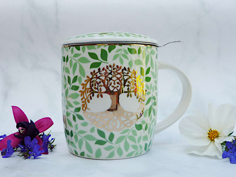 Baum des Lebens Teetasse mit Deckel und Teefilter weiss-gold