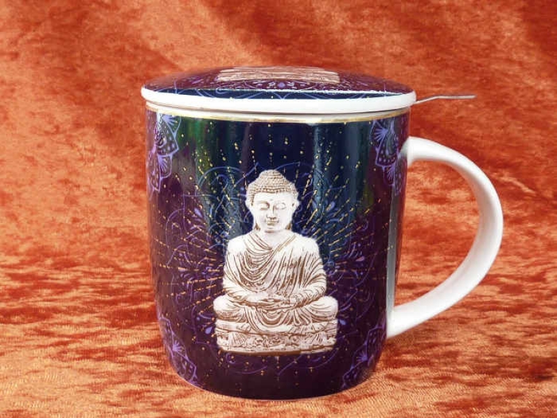 Teetasse Buddha nachtblau mit Deckel und Edelstahl-Teefilter, 0,4 l