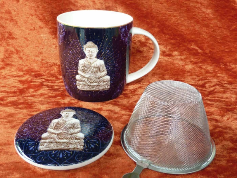 Teetasse Buddha nachtblau mit Deckel und Edelstahl-Teefilter, 0,4 l