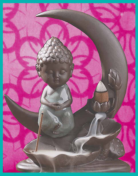 Rückfluss Backflow Wasserfall Räucherhalter Buddha auf Mondsichel  